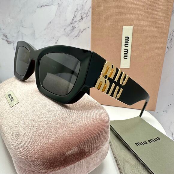 New MIU MIU Sunglasses New Black Acetate Gold Metal Logo Square Cat Eye - Picture 3 of 16